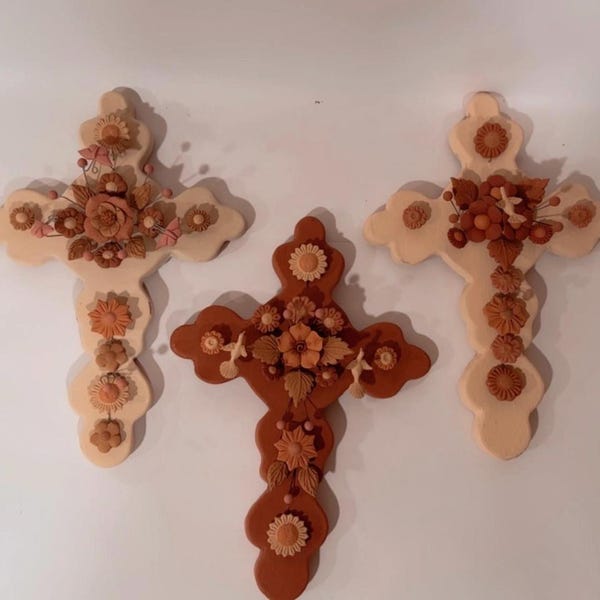 Clay Wall hanging cross with flowers