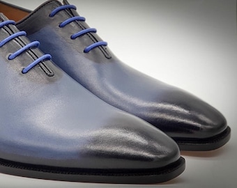 Bespoke Men's Handmade Blue Black Color Genuine Leather Whole Cut Lace Up Oxford Shoes, Wedding Shoes, Party Shoes, Gift For Him, Men Shoes
