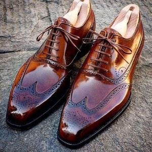 Bespoke Men's Handmade Brown Color Genuine Leather Wing Tip Brogue Lace Up Oxford Shoes, Wedding Shoes, Party Shoes, Office Shoes, Men Shoes