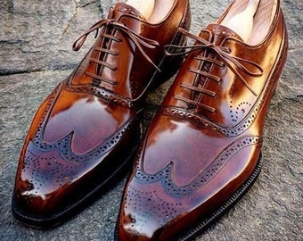 Bespoke Men's Handmade Brown Color Genuine Leather Wing Tip Brogue Lace Up Oxford Shoes, Wedding Shoes, Party Shoes, Office Shoes, Men Shoes