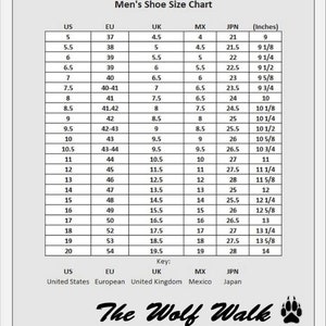 May include: A men's shoe size conversion chart with columns for US, EU, UK, MX, JPN, and inches. The chart shows the corresponding shoe sizes for each region.