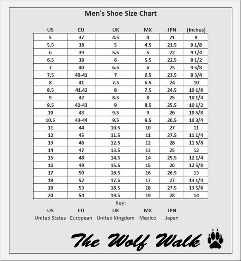 May include: A men's shoe size conversion chart with columns for US, EU, UK, MX, JPN, and inches. The chart shows the corresponding shoe sizes for each region.
