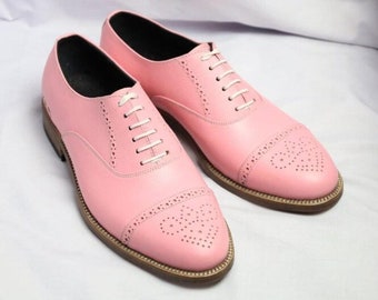 Bespoke Men's Handmade Pink Color Genuine Leather Cap Toe Brogues Lace Up Oxford Shoes, Wedding Shoes, Gift For Him, Men Custom Shoes
