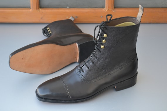 Handmade Men's Ankle High Cap Toe Leather Dress boots, Men Black