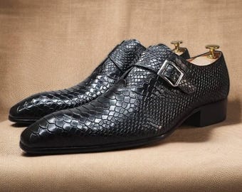 Bespoke Men's Handmade Black Color Genuine Calf Leather Monk Strap Slip On Stylish Shoes, Party Shoes, Casual Shoes, Men Custom Shoes