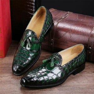 Bespoke Men's Handmade Green Color  Genuine Leather Slip On Alligator Texture Loafer Shoes, Casual Shoes, Gift for him, Men Custom Shoes