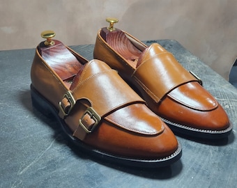 Bespoke Men's Handmade Brown Color Genuine Calf Leather Buckle Strap Shoes, Party Shoes, Wedding Shoes, Gift For Him, Monk Strap Men Shoes