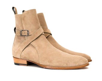 Botas Jodhpur masculinas de couro legítimo, feitas à mão, sob medida, em tom bege, de cano alto, para casamento, para festa, personalizadas