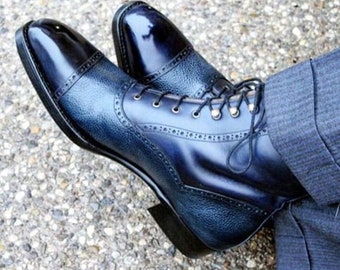 Bespoke Handmade Men's Navy Blue Color Pure Calf Leather Lace Up Ankle High  Cap Toe Stylish Men Boots, Wedding Boots, Party Boots, Men Boot