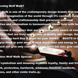 May include: Close-up of a brown leather shoe being polished with a black brush. The text "Why Choosing Wolf Walk?" is visible at the top of the image. The text "Wolf symbolism and meaning includes loyalty, family and friendship, teamwork, protection, hardwork, wildness, freedom, instincts, playfulness, and other noble traits." is visible at the bottom of the image.