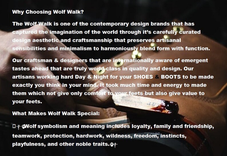 May include: Close-up of a brown leather shoe being polished with a black brush. The text "Why Choosing Wolf Walk?" is visible at the top of the image. The text "Wolf symbolism and meaning includes loyalty, family and friendship, teamwork, protection, hardwork, wildness, freedom, instincts, playfulness, and other noble traits." is visible at the bottom of the image.