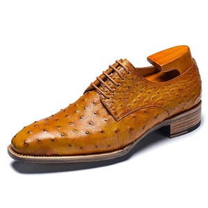 Op de afbeelding: Een paar bruine leren nette schoenen met een struisvogelhuidpatroon. De schoenen hebben een vetersluiting en een lage hak.