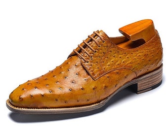 Bespoke Men's Handmade Tan Color Genuine Calf Leather Lace Up Oxford Ostrich Texture Shoes, Wedding Shoes, Party Shoes, Men Custom Shoes