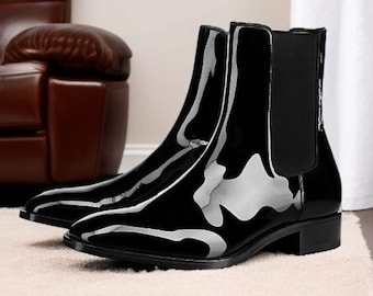 Bespoke Handmade Men's Black Color Genuine Patent Leather Chelsea Ankle High Boots, Wedding Boots, Gift for him, Men Custom Boots