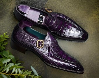 Men's Handmade Bespoke Purple Crocodile Leather Texture Monk Strap Slip On Shoes, Party Shoes, Wedding Shoes, Gift for Him, Moccasin Shoes