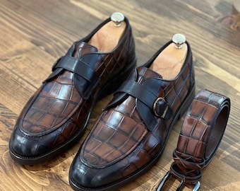Bespoke Men's Handmade Dark Brown Color Genuine Calf Leather Monk Strap Crocodile Texture Shoes, Wedding Shoes, Party Shoes, Men Custom Shoe