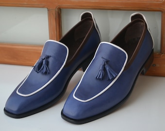 Bespoke Men's Handmade Blue Color Genuine Leather Slip On Stylish Men Loafer Shoes, Wedding Shoes, Tussle Shoes, Party Shoes, Custom Shoes