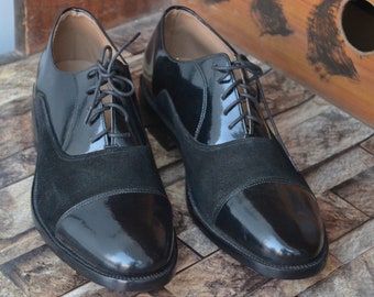 Bespoke Men Handmade Black Color Genuine Patent Leather & Suede Cap Toe Lace Up Oxford Custom Shoes, Wedding Shoes, Gift For Him, Men Shoes