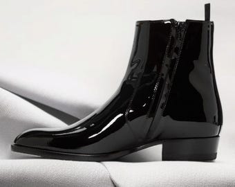 Bespoke Handmade Men's Black Pure Patent Leather Zipper Ankle High Boots, Wedding Boots, Party Boots, Men Custom Boots