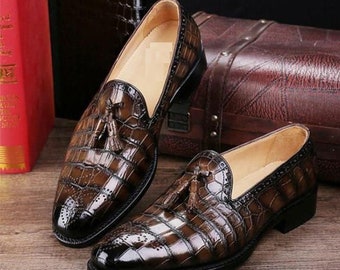 Bespoke Men's Handmade Brown Color  Genuine Leather Slip On Alligator Texture Loafer Shoes, Casual Shoes, Gift for him, Men Custom Shoes