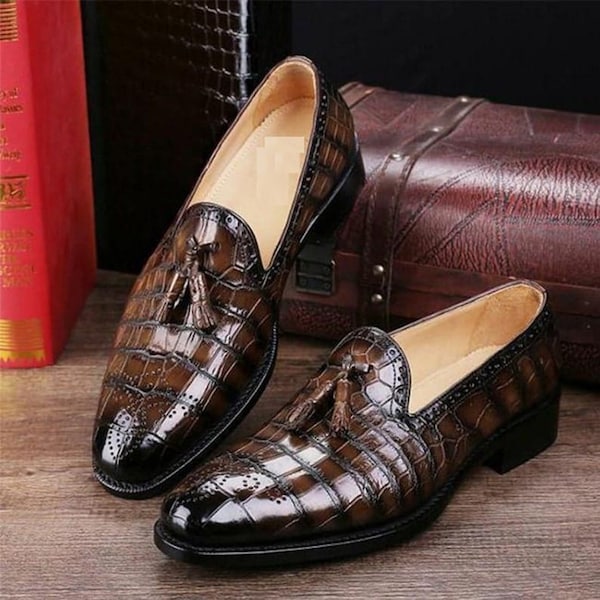 Bespoke Men's Handmade Brown Color  Genuine Leather Slip On Alligator Texture Loafer Shoes, Casual Shoes, Gift for him, Men Custom Shoes