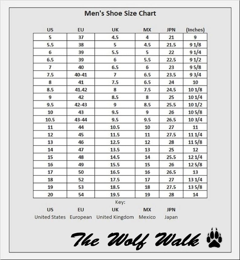 May include: A men's shoe size conversion chart with columns for US, EU, UK, MX, JPN, and inches. The chart shows the corresponding shoe sizes for each region.
