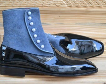 Bespoke Handmade Men's Black Patent Leather & Blue Suede Button Closure Ankle High Boots, Wedding Boots, Gift for him, Men Custom Boots