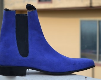 Bespoke Handmade Men's Blue Color Genuine Suede Calf Leather Chelsea Ankle High Boots, Wedding Boots, Gift for him, Men Custom Boots