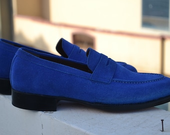 Bespoke Men's Handmade Blue Color Genuine Calf Leather Moccasin Slip On Stylish Shoes, Party Shoes, Casual Shoes, Men Custom Shoes