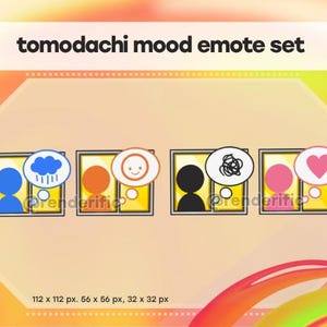 Op de afbeelding: Een digitale grafische set met de titel "tomodachi mood emote set". De set bevat vier verschillende stemmingsemoticons: een verdrietig gezicht met regen, een blij gezicht, een verward gezicht en een hart. Elk staat in een tekstballon.