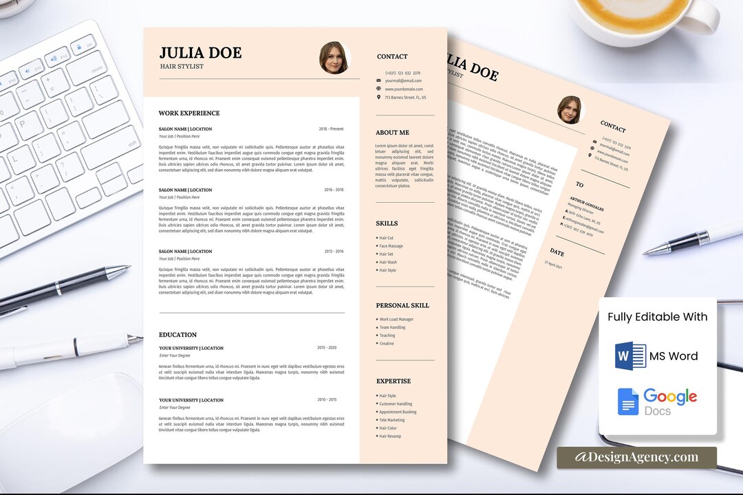 Hair Stylist Resume Template Single Page CV + Cover Letter Feminine