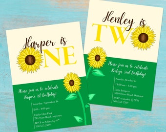Birthday Party Invitation Template | Sunflower Invite for 1st or 2nd Birthday (Digital Download