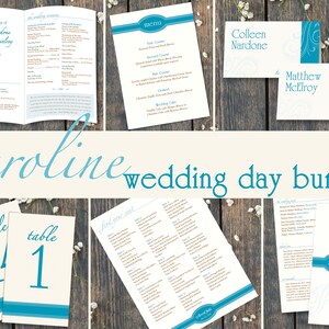 May include: A wedding day bundle featuring a blue and white colour scheme. The bundle includes a wedding ceremony programme, a menu, a seating chart, table numbers, and a wedding invitation. The text on the invitation reads "Colleen Matt".