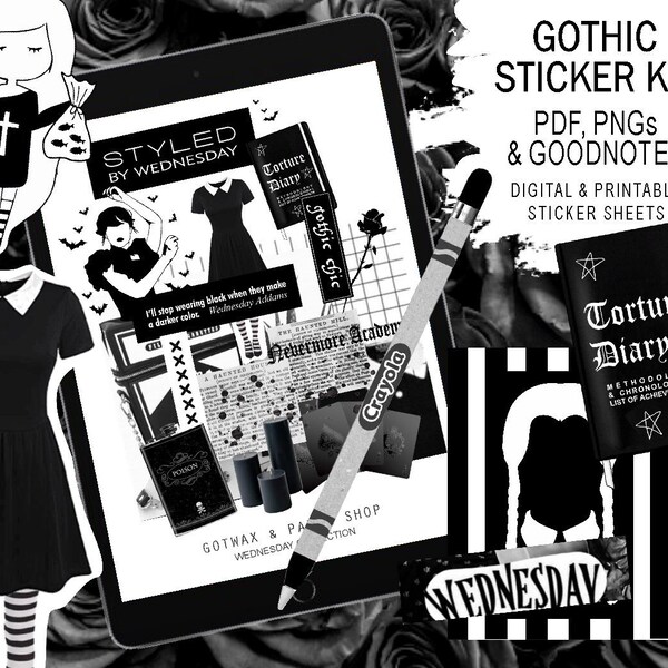 Wednesday Collection | Digital Goth Sticker Kit & Printable PDF | Goth Goodnotes Stickers | Transparent PNGs + Goodnotes File | GL01