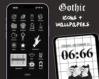Conjunto de iconos de brujas góticas para iOS y Android con fondos de pantalla e imágenes para widgets.