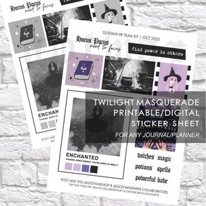 May include: Two printable sticker sheets with a Halloween theme. The sheets feature illustrations of witches, cauldrons, and spell books. Text includes "Twilight Masquerade," "Hocus Pocus," and "Enchanted." The stickers are designed for journals and planners.