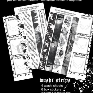 May include: Black and white washi strips and box stickers with gothic-themed designs, including angel wings, moons, and bats. The text reads "Night Angel Washi Strips" and "We Own the Night". Includes 4 washi sheets, 6 box stickers, and instructions.
