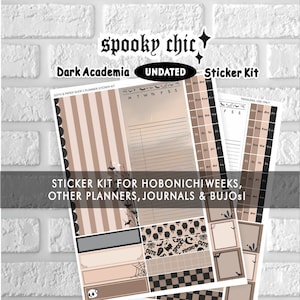 May include: A sticker kit with a 'Dark Academia' theme, featuring undated planner stickers. The kit includes various designs in shades of brown, black, and beige, with decorative elements like bats, skulls, and checkerboard patterns. Text includes 'Spooky Chic' and 'Sticker Kit'.