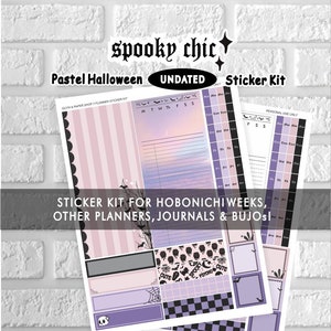 May include: A pastel Halloween sticker kit with the words "spooky chic" at the top. The kit includes undated planner stickers with a variety of designs, including bats, skulls, and checkered patterns. The text "Sticker Kit for Hobonichi Weeks, Other Planners, Journals & Bujos!" is also visible.