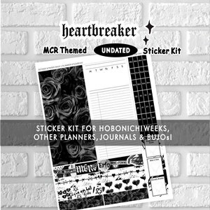 May include: Black and white sticker kit with the text "heartbreaker" and "MCR Themed." The kit includes undated planner stickers with rose and emo-themed designs. The sticker kit is for Hobonichi Weeks, other planners, journals, and bujos.