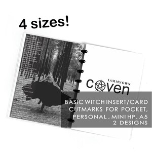 May include: A planner insert with a black and white forest scene and text. The insert reads "I AM MY OWN COVEN" with a pentagram symbol. Text at the bottom reads "BASIC WITCH INSERT/CARD CUTMARKS FOR POCKET, PERSONAL, MINI HP, A5 2 DESIGNS".