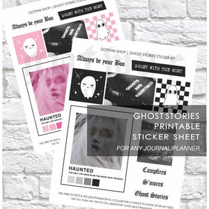 May include: Printable sticker sheets with a ghost theme. The sheets feature the text "Always be your Boo" and "Ghost with the Most", along with illustrations of ghosts and the words "Haunted". The sheets are designed for journals and planners.