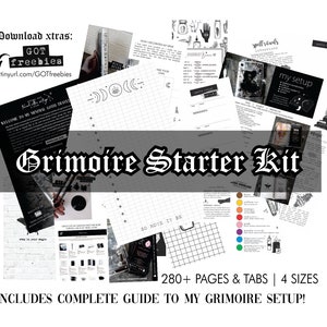 May include: A white background with a collection of printable pages and tabs, labeled "Grimoire Starter Kit." The kit includes a complete guide to setup, with over 280 pages and tabs in 4 sizes. Additional freebies are available for download.