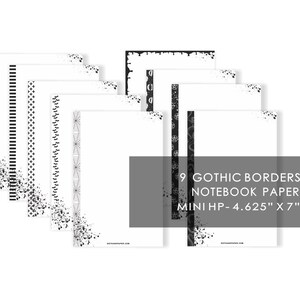Puede incluir: Nueve hojas de papel de cuaderno blanco con diseños de bordes góticos negros. El papel mide 11,7 cm por 17,8 cm. Los diseños incluyen líneas, puntos y otros patrones. El texto de la imagen dice "9 GOTHIC BORDERS NOTEBOOK PAPER MINI HP - 4.625" X 7""
