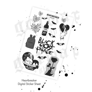 May include: A digital sticker sheet with black and white illustrations. Designs include spiderwebs, bats, a bottle labeled "Broken Souls", a broken heart, a bag, a rose, and the text "Black Rose Parade" and "Sweet Revenge". The sheet is labeled "Heartbreaker".