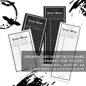 Gothic Library Card Planner Insert or Bookmark | 3 Designs: B/W and Blackout | PDF has 4 Sizes for Pocket, Personal, Mini HP & A5 | GT101-17