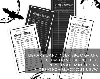 Gothic Library Card Planner Insert or Bookmark | 3 Designs: B/W and Blackout | PDF has 4 Sizes for Pocket, Personal, Mini HP & A5 | GT101-17