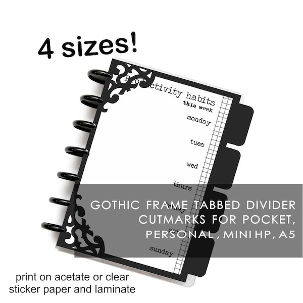 Gothic Framed Tabs Divider Insert or Planner Card | PDF with 4 Sizes of Cutmarks for Pocket, Personal, Mini HP & A5 | GT101-21