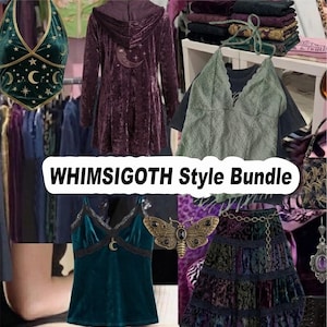 May include: A collection of clothing items including a dark green velvet halter top with gold moon and star prints, a purple velvet hooded tunic, a sage green lace halter top, a teal velvet camisole with a moon charm, and a tiered velvet skirt.