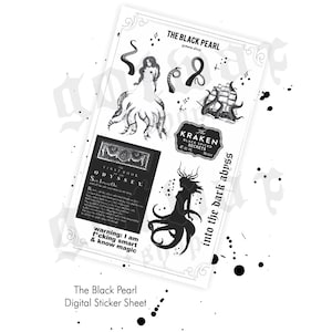 May include: A digital sticker sheet titled "The Black Pearl" featuring black and white illustrations of a kraken, a ship, and a woman with tentacles. The sheet includes text that reads "The Kraken Black Spiced Secrets" and "into the dark abyss."